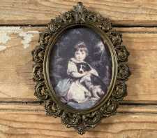 Vintage Miniature Art Print Decorative Metal Frame Italy 1960s 2of8 Girl and Dog Portrait