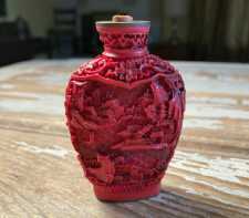 Vintage Miniature Snuff Bottle Carved Red Cinnabar Resin Village Scene 1950s-60s
