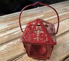 Vintage Pierced Tin Lantern Hanging Tea Light Candle Holder Red Metal Screen 60s