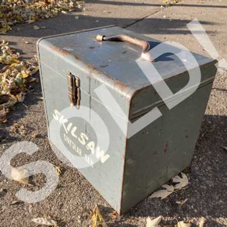 Vintage Metal Tool Box Gray Steel Cubic Skilsaw Circular Saw Storage Chest Industrial Décor 13-in