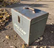 Vintage Metal Tool Box Gray Steel Cubic Skilsaw Circular Saw Storage Chest Industrial Decor 13-in
