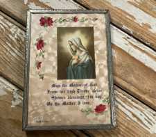 Vintage Framed Religious Print Blessed Mary Mothers Blessing Hand Painted Roses Mat 1940s
