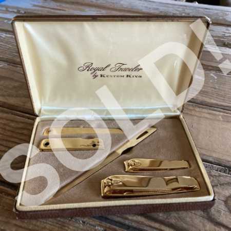 Vintage Men's Manicure Set Travel Case 5-Pc Goldtone Steel Tools C. 1960s 1970s