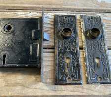 Antique Mortise Lock and Fancy Metal Back Plates Unmarked Eastlake Style 1920s