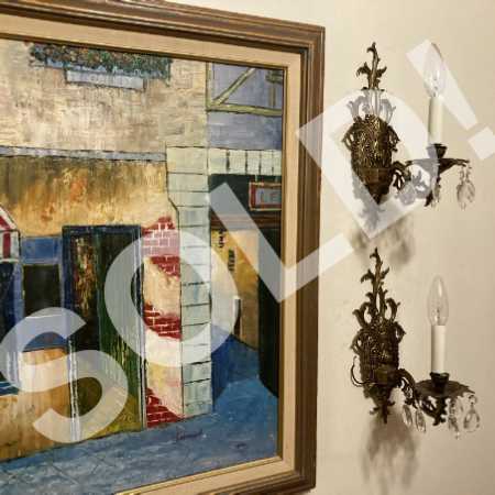 Pair Vintage Mid Century Brass Crystal Sconces Wall Lights Made In Spain 1960s-Pic1