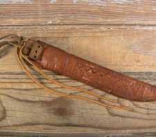 Vintage Tooled Leather Fish Knife Sheath Marttiini Finland 8-Inch Long - Writing on Back