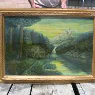 Similar Item 4 - Antique Oil Painting Scenic Landscape Mountain Log Cabin Hudson River School 48-In 