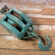 Similar Item 3 - Vintage Industrial Pulley Wood Block Double Wheel Iron Hook 14-In U-W Logo 3of6 C
